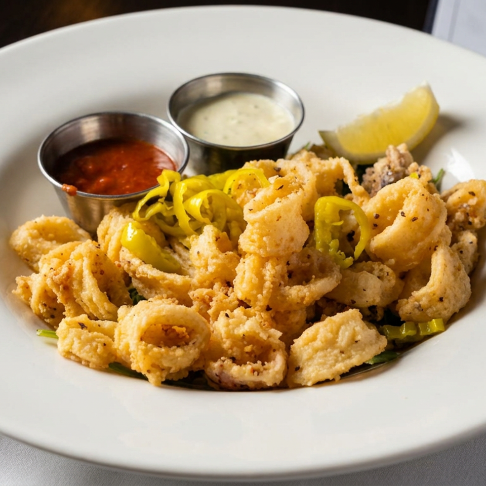 Plate of crispy fried calamari with banana peppers, dipping sauces, and lemon wedge on a restaurant table.
