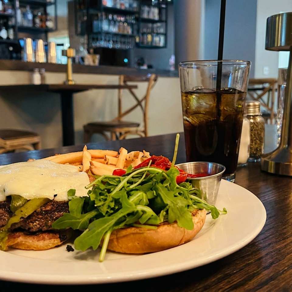 Cheeseburger topped with arugula and pickles, served with fries and ketchup on a plate in a warmly lit restaurant.