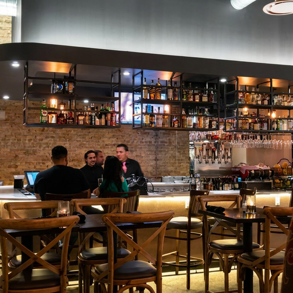Warmly lit restaurant bar with exposed brick, liquor shelves, beer taps, wooden tables, and several patrons.