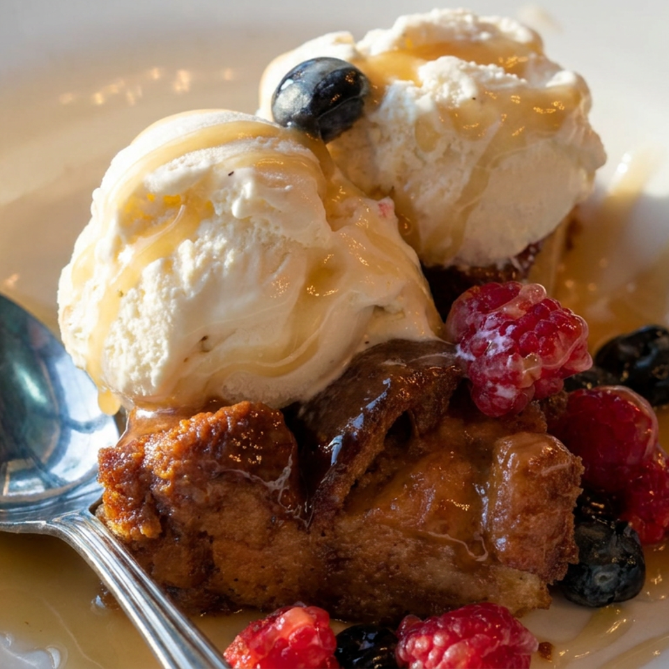 Warm fruit dessert topped with vanilla ice cream, berries, caramel sauce, and a spoon on a white plate.