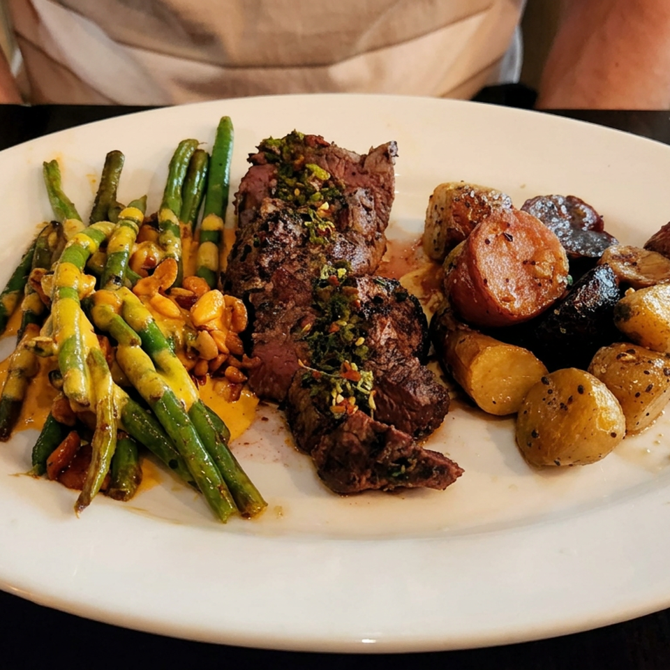 Grilled steak with roasted potatoes, green beans, mushrooms, and asparagus served on a large white plate.
