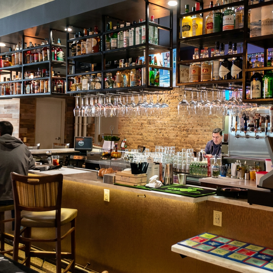 Busy restaurant bar with shelves of liquor bottles, hanging wine glasses, bartending equipment, and seated patrons.