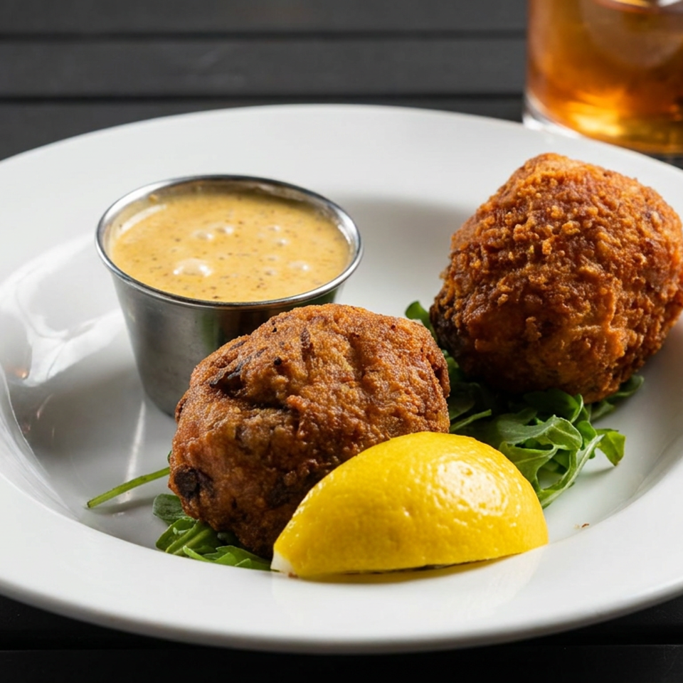 Two crispy golden croquettes with dipping sauce, greens, and lemon wedge on a white plate beside an amber drink.